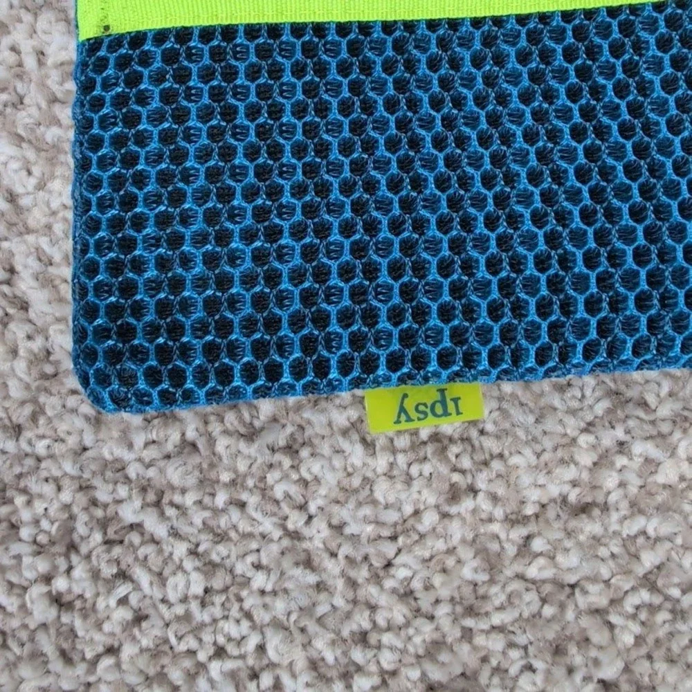 Ipsy Blue Mesh Makeup Bag Cosmetic Pouch‎ Neon Green Pink Stripe Zipper